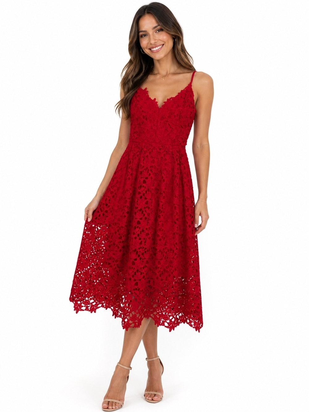 ASTR the Label Red Lace Midi Dress Spaghetti Straps Chic Sexy Party Sz Medium
